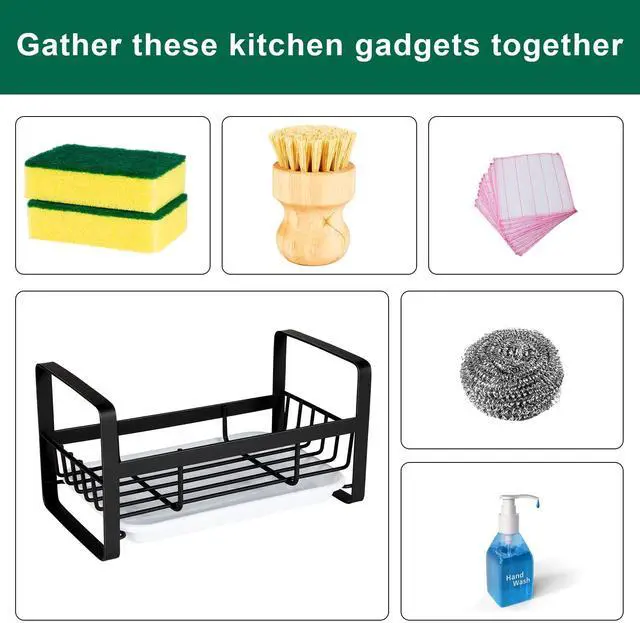 Alt view image 7 of 7 - Sponge Holder for Kitchen Sink- Stainless Steel Kitchen Sink Caddy for Organizing Sponge, Brush & Soap Dish Dispenser, coutertop Organizer Rack with Adhesive or Counter top, Black