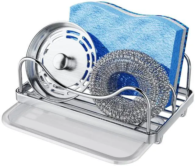 Main image of Sponge Holder for Kitchen Sink - Movable Sink Caddy for Countertop Organizer, 304 Stainless Steel Sponge Holder with Detachable Drip Tray for Kitchen Accessories-Silver