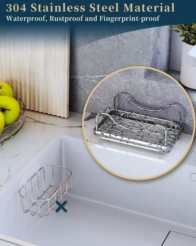 Alt view image 5 of 7 - Sponge Holder for Kitchen Sink - Movable Sink Caddy for Countertop Organizer, 304 Stainless Steel Sponge Holder with Detachable Drip Tray for Kitchen Accessories-Silver