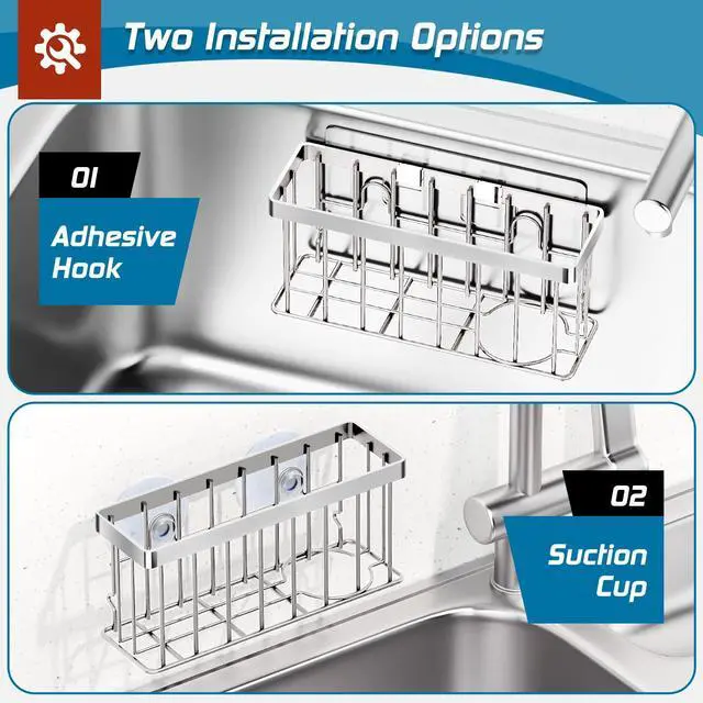 Alt view image 3 of 7 - Sponge Holder for Kitchen Sink,Sink Caddy Organizer with Suction Cups/Adhesive Strips,Dish Sponge Holder Design for Sponges,Scrubber,Stoppers-Silver