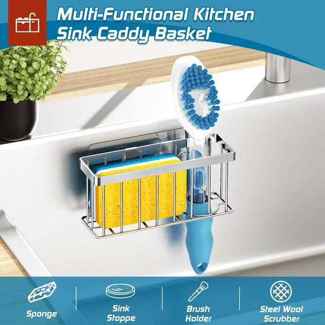 Alt view image 5 of 7 - Sponge Holder for Kitchen Sink,Sink Caddy Organizer with Suction Cups/Adhesive Strips,Dish Sponge Holder Design for Sponges,Scrubber,Stoppers-Silver