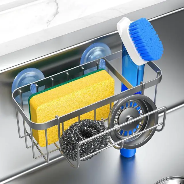 Main image of 3-in-1 Kitchen Sink Caddy Organizer with Sponge Holder, Brush Holder, Extra Rack for Scrubber, Sink Stopper, Dish Cloth Hanger - Strong Dual Suction Cup, 2.0mm SUS304 Stainless Steel - Silver