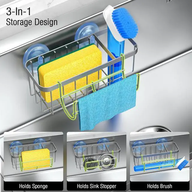 Alt view image 2 of 7 - 3-in-1 Kitchen Sink Caddy Organizer with Sponge Holder, Brush Holder, Extra Rack for Scrubber, Sink Stopper, Dish Cloth Hanger - Strong Dual Suction Cup, 2.0mm SUS304 Stainless Steel - Silver