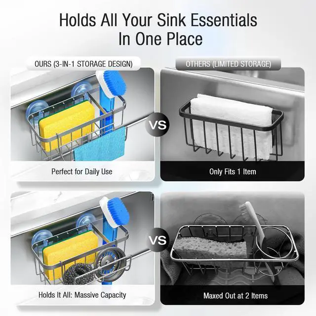 Alt view image 3 of 7 - 3-in-1 Kitchen Sink Caddy Organizer with Sponge Holder, Brush Holder, Extra Rack for Scrubber, Sink Stopper, Dish Cloth Hanger - Strong Dual Suction Cup, 2.0mm SUS304 Stainless Steel - Silver