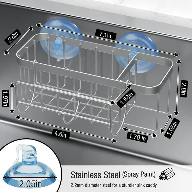 Alt view image 4 of 7 - 3-in-1 Kitchen Sink Caddy Organizer with Sponge Holder, Brush Holder, Extra Rack for Scrubber, Sink Stopper, Dish Cloth Hanger - Strong Dual Suction Cup, 2.0mm SUS304 Stainless Steel - Silver