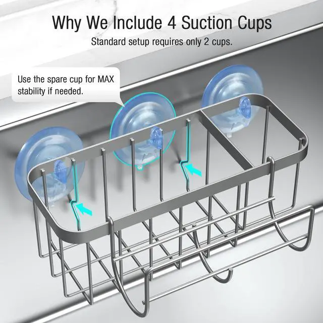 Alt view image 6 of 7 - 3-in-1 Kitchen Sink Caddy Organizer with Sponge Holder, Brush Holder, Extra Rack for Scrubber, Sink Stopper, Dish Cloth Hanger - Strong Dual Suction Cup, 2.0mm SUS304 Stainless Steel - Silver