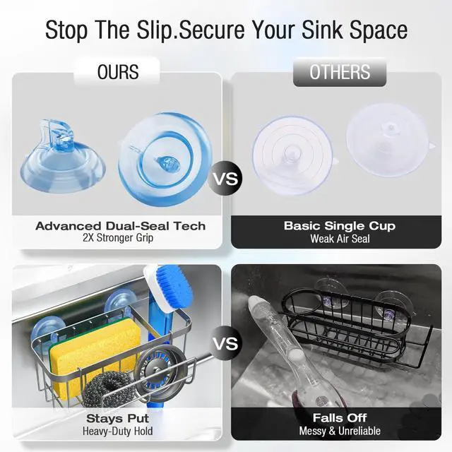 Alt view image 7 of 7 - 3-in-1 Kitchen Sink Caddy Organizer with Sponge Holder, Brush Holder, Extra Rack for Scrubber, Sink Stopper, Dish Cloth Hanger - Strong Dual Suction Cup, 2.0mm SUS304 Stainless Steel - Silver