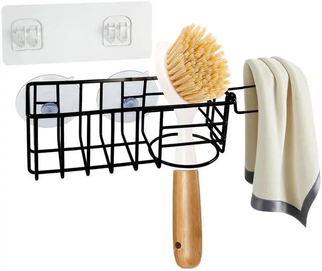 Main image of Sponge Holder with Dish Cloth Hanger for Kitchen Sink, In-sink Caddy Organizer with Suction Cups & Adhesive Strips, Rustproof Sponge Rack for Soap, Brush, Scrubber - Black