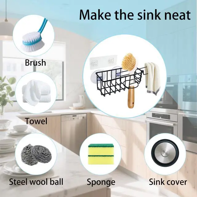 Alt view image 5 of 7 - Sponge Holder with Dish Cloth Hanger for Kitchen Sink, In-sink Caddy Organizer with Suction Cups & Adhesive Strips, Rustproof Sponge Rack for Soap, Brush, Scrubber - Black