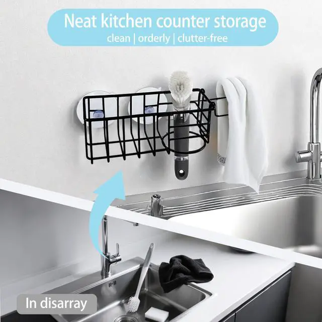 Alt view image 6 of 7 - Sponge Holder with Dish Cloth Hanger for Kitchen Sink, In-sink Caddy Organizer with Suction Cups & Adhesive Strips, Rustproof Sponge Rack for Soap, Brush, Scrubber - Black