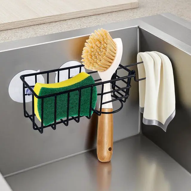 Alt view image 3 of 7 - Sponge Holder with Dish Cloth Hanger for Kitchen Sink, In-sink Caddy Organizer with Suction Cups & Adhesive Strips, Rustproof Sponge Rack for Soap, Brush, Scrubber - Black