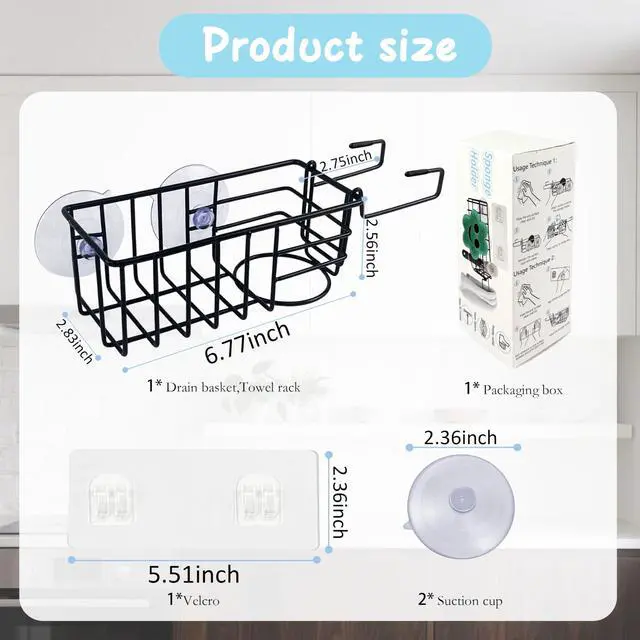 Alt view image 2 of 7 - Sponge Holder with Dish Cloth Hanger for Kitchen Sink, In-sink Caddy Organizer with Suction Cups & Adhesive Strips, Rustproof Sponge Rack for Soap, Brush, Scrubber - Black