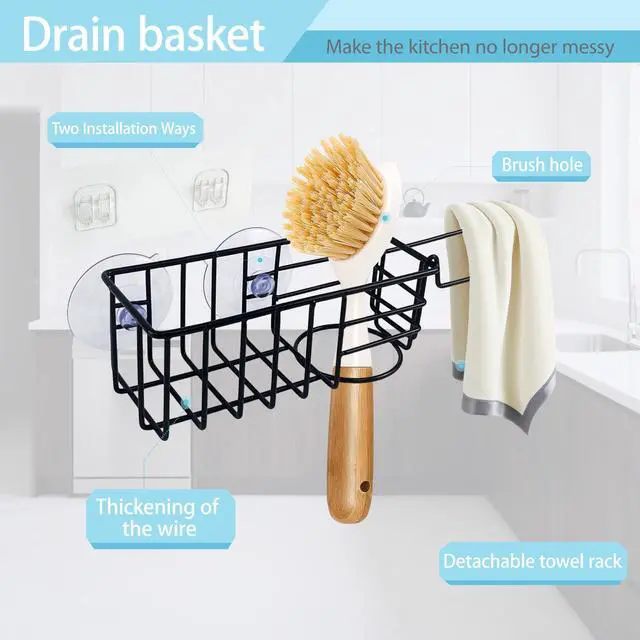Alt view image 4 of 7 - Sponge Holder with Dish Cloth Hanger for Kitchen Sink, In-sink Caddy Organizer with Suction Cups & Adhesive Strips, Rustproof Sponge Rack for Soap, Brush, Scrubber - Black