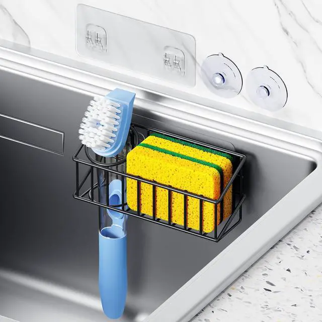 Main image of Kitchen Sink Organizer, Strong Adhesive Mount Detachable Sponge Holder for Kitchen & Bathroom Sink with Extra Suction Cups, Holds Sponges, Dish Brushes, Scrubbing Pads