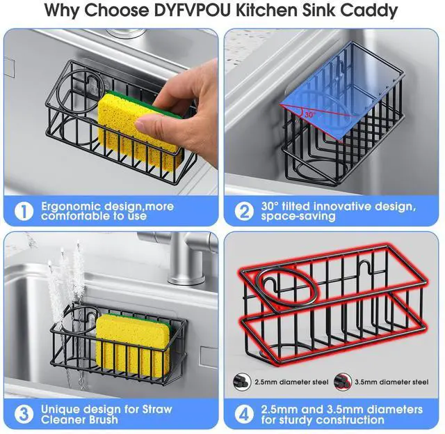 Alt view image 3 of 7 - Kitchen Sink Organizer, Strong Adhesive Mount Detachable Sponge Holder for Kitchen & Bathroom Sink with Extra Suction Cups, Holds Sponges, Dish Brushes, Scrubbing Pads
