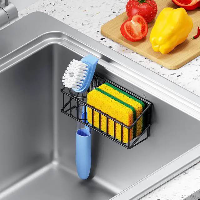 Alt view image 7 of 7 - Kitchen Sink Organizer, Strong Adhesive Mount Detachable Sponge Holder for Kitchen & Bathroom Sink with Extra Suction Cups, Holds Sponges, Dish Brushes, Scrubbing Pads