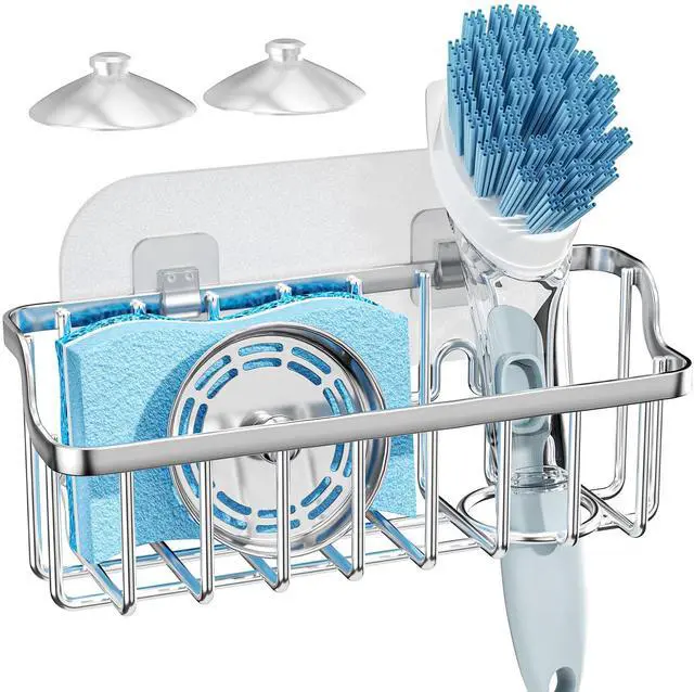 Main image of Sponge Holder Sink Caddy - Ladder Shaped Sponge Holder for Kitchen Sink with 2 Installation Ways (Suction Cups & Adhesive Hook), Rustproof Stainless Steel Kitchen Organizer, Silver