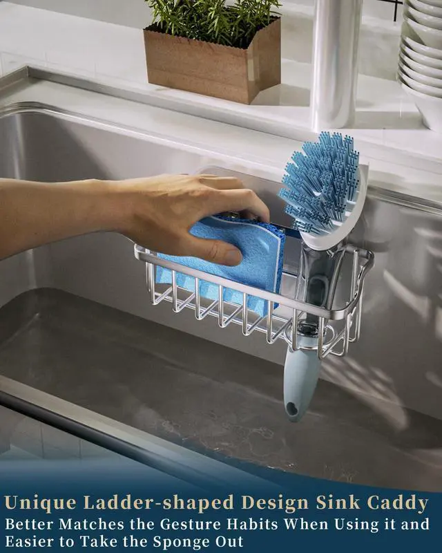 Alt view image 2 of 7 - Sponge Holder Sink Caddy - Ladder Shaped Sponge Holder for Kitchen Sink with 2 Installation Ways (Suction Cups & Adhesive Hook), Rustproof Stainless Steel Kitchen Organizer, Silver