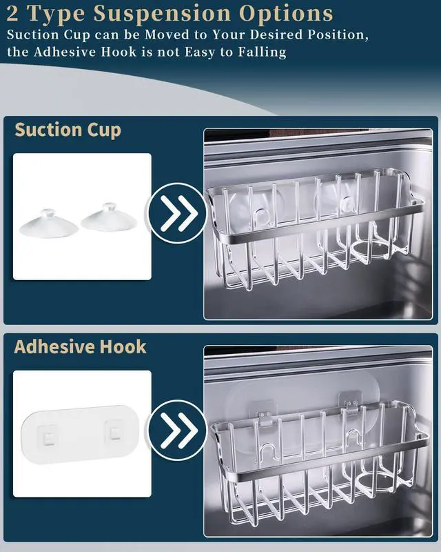 Alt view image 3 of 7 - Sponge Holder Sink Caddy - Ladder Shaped Sponge Holder for Kitchen Sink with 2 Installation Ways (Suction Cups & Adhesive Hook), Rustproof Stainless Steel Kitchen Organizer, Silver