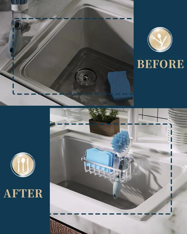 Alt view image 5 of 7 - Sponge Holder Sink Caddy - Ladder Shaped Sponge Holder for Kitchen Sink with 2 Installation Ways (Suction Cups & Adhesive Hook), Rustproof Stainless Steel Kitchen Organizer, Silver