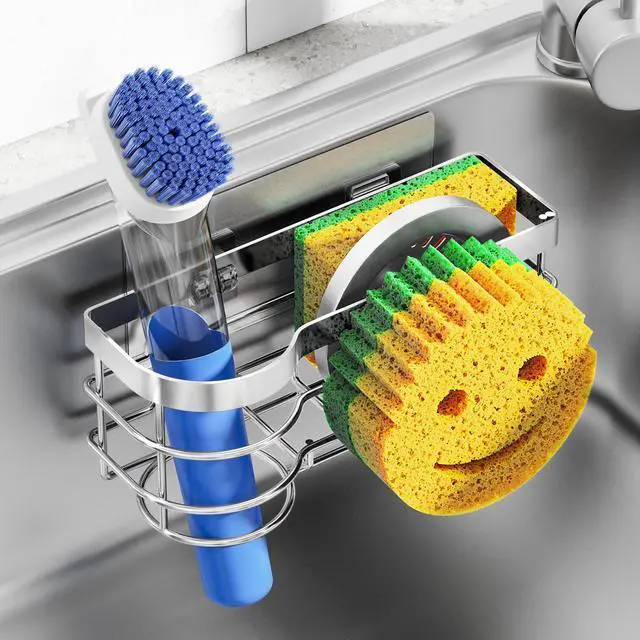 Main image of Smiley Sponge Holder for Kitchen Sink Caddy, Stainless Steel Movable Brush Holder Dish Cloth Hanger, Suction Cup Sink Caddy Organizer Scrubber Accessories (Silver)