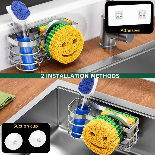 Alt view image 3 of 7 - Smiley Sponge Holder for Kitchen Sink Caddy, Stainless Steel Movable Brush Holder Dish Cloth Hanger, Suction Cup Sink Caddy Organizer Scrubber Accessories (Silver)