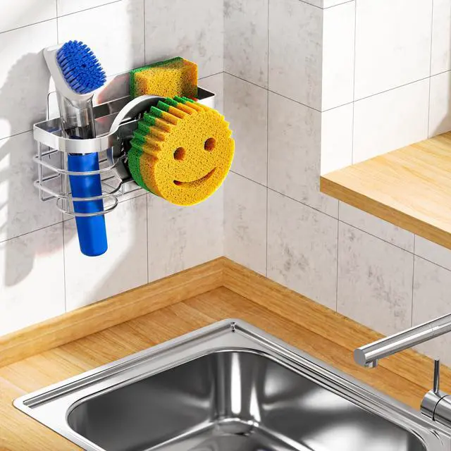 Alt view image 7 of 7 - Smiley Sponge Holder for Kitchen Sink Caddy, Stainless Steel Movable Brush Holder Dish Cloth Hanger, Suction Cup Sink Caddy Organizer Scrubber Accessories (Silver)