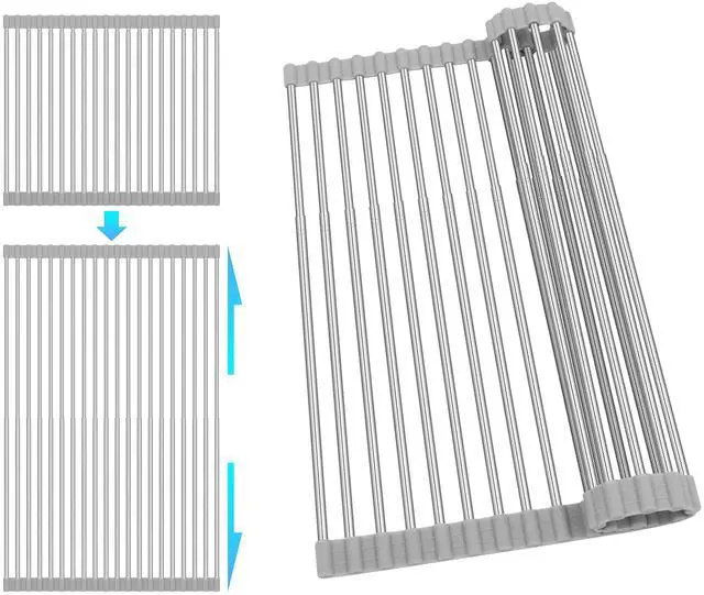 Main image of Roll Up Dish Drying Rack, Adjustable Over Sink Dish Drying Rack for Kitchen, 10"-20" Foldable Sink Rack to Dry Dishes & Drain Items, Stainless Steel Over Sink Cover Drying Mat