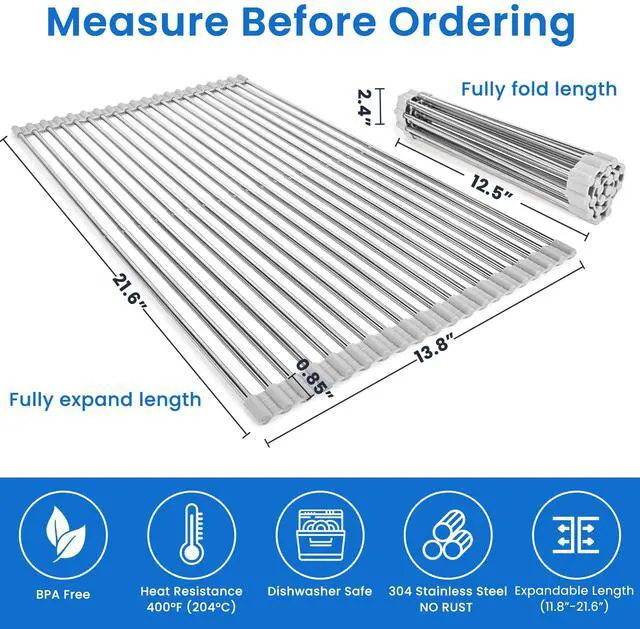 Alt view image 2 of 7 - Roll Up Dish Drying Rack, Adjustable Over Sink Dish Drying Rack for Kitchen, 10"-20" Foldable Sink Rack to Dry Dishes & Drain Items, Stainless Steel Over Sink Cover Drying Mat