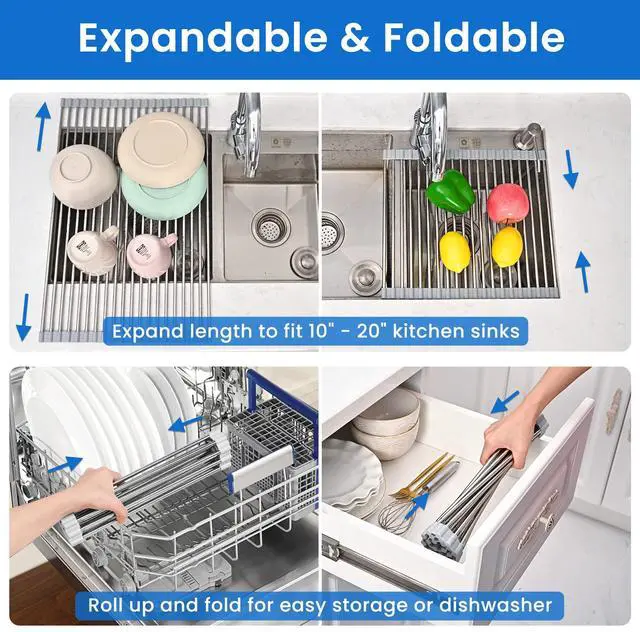 Alt view image 3 of 7 - Roll Up Dish Drying Rack, Adjustable Over Sink Dish Drying Rack for Kitchen, 10"-20" Foldable Sink Rack to Dry Dishes & Drain Items, Stainless Steel Over Sink Cover Drying Mat