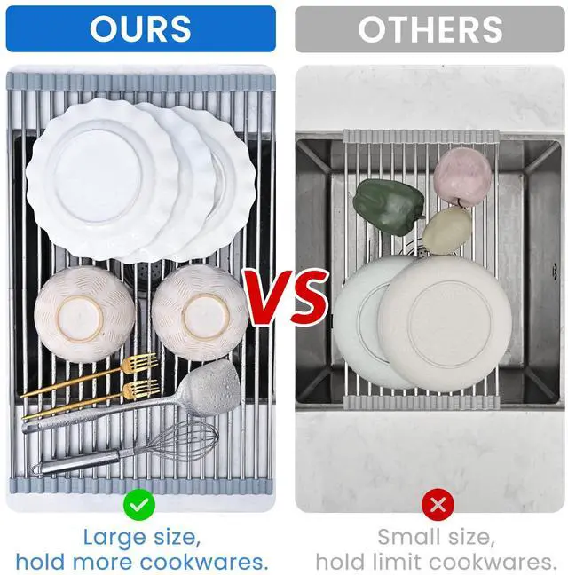Alt view image 4 of 7 - Roll Up Dish Drying Rack, Adjustable Over Sink Dish Drying Rack for Kitchen, 10"-20" Foldable Sink Rack to Dry Dishes & Drain Items, Stainless Steel Over Sink Cover Drying Mat