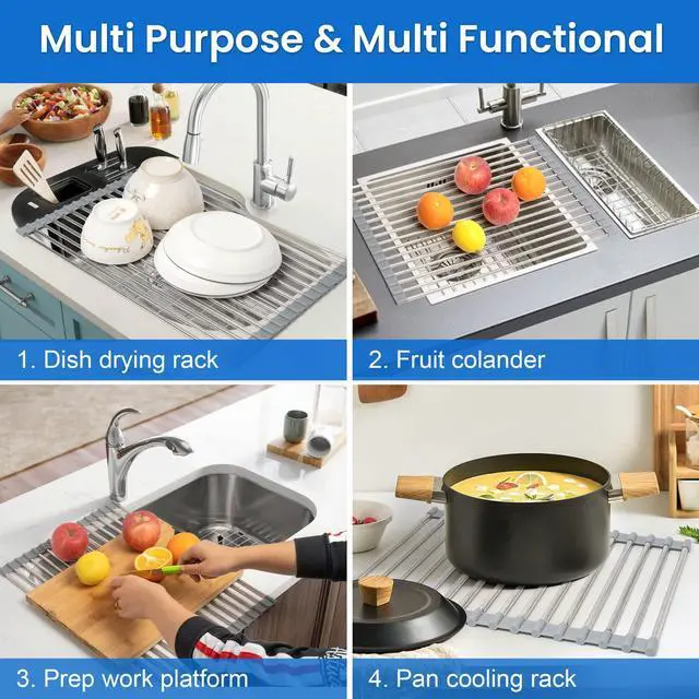 Alt view image 7 of 7 - Roll Up Dish Drying Rack, Adjustable Over Sink Dish Drying Rack for Kitchen, 10"-20" Foldable Sink Rack to Dry Dishes & Drain Items, Stainless Steel Over Sink Cover Drying Mat