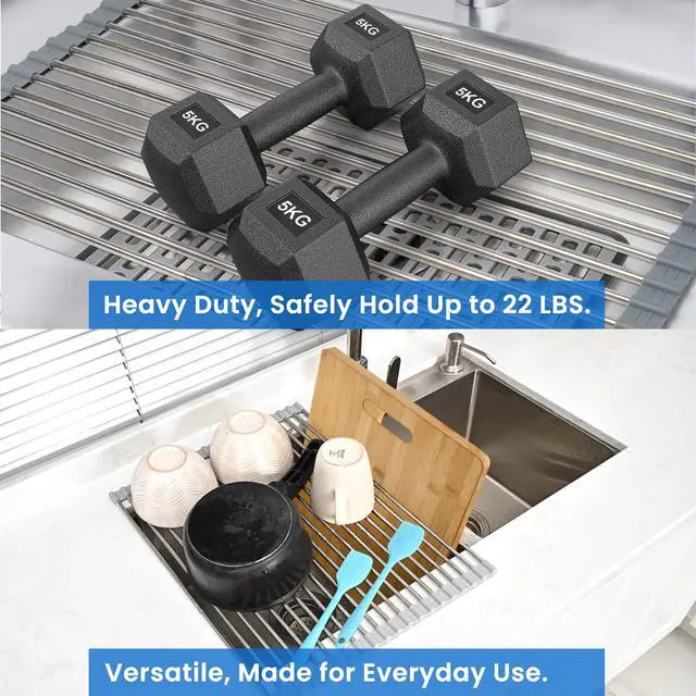 Alt view image 6 of 7 - Roll Up Dish Drying Rack, Adjustable Over Sink Dish Drying Rack for Kitchen, 10"-20" Foldable Sink Rack to Dry Dishes & Drain Items, Stainless Steel Over Sink Cover Drying Mat