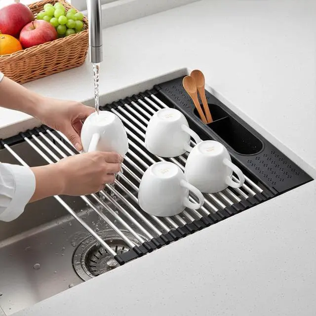 Alt view image 5 of 7 - Roll Up Dish Drying Rack Over Sink, 17.5" x 15.2" Foldable SUS304 Stainless Steel Kitchen Dish Drainer, Heat-Resistant Multipurpose Rolling Sink Rack Organizer,Black