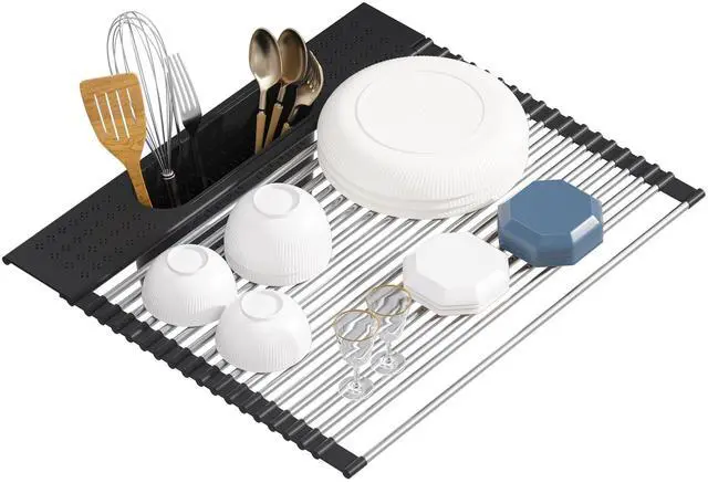 Main image of Roll Up Dish Drying Rack Over Sink, 17.5" x 15.2" Foldable SUS304 Stainless Steel Kitchen Dish Drainer, Heat-Resistant Multipurpose Rolling Sink Rack Organizer,Black