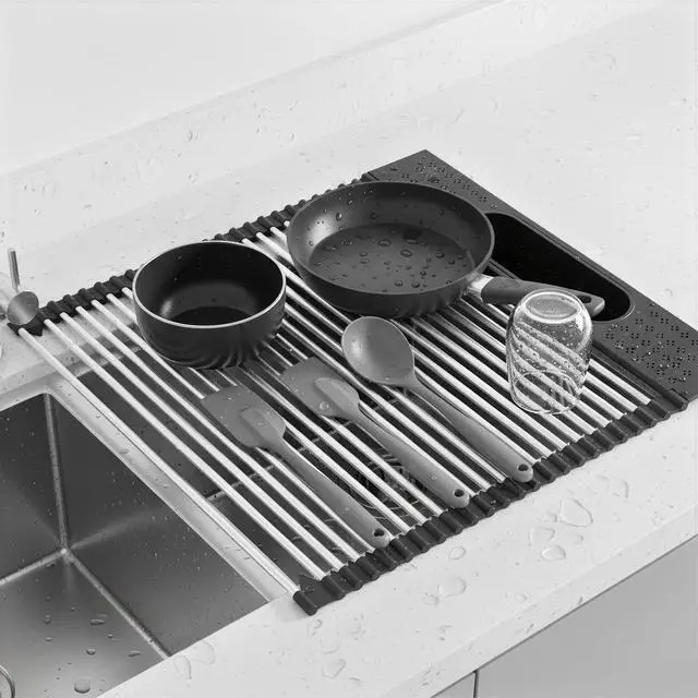 Alt view image 6 of 7 - Roll Up Dish Drying Rack Over Sink, 17.5" x 15.2" Foldable SUS304 Stainless Steel Kitchen Dish Drainer, Heat-Resistant Multipurpose Rolling Sink Rack Organizer,Black