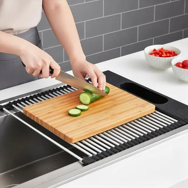 Alt view image 7 of 7 - Roll Up Dish Drying Rack Over Sink, 17.5" x 15.2" Foldable SUS304 Stainless Steel Kitchen Dish Drainer, Heat-Resistant Multipurpose Rolling Sink Rack Organizer,Black