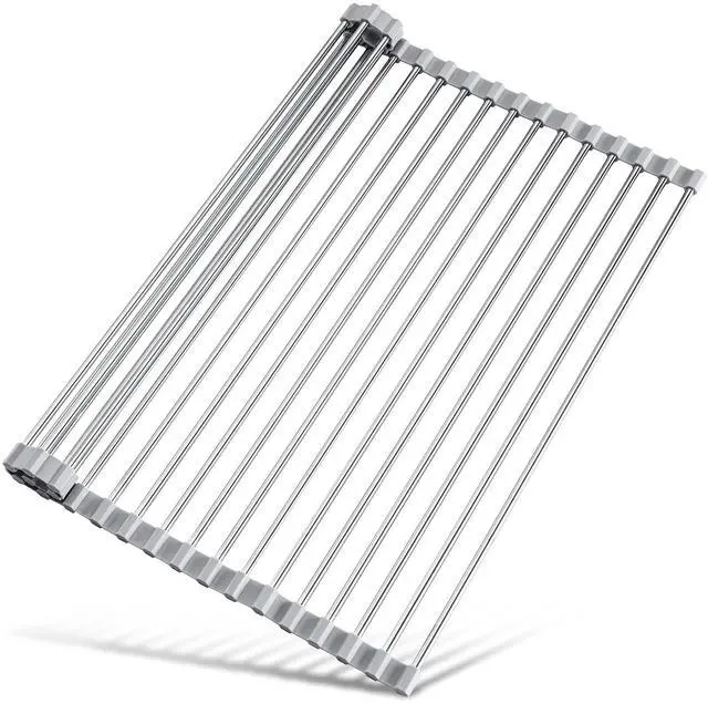 Main image of 17.7" x 15.5" Roll Up Dish Drying Rack Over Sink Drying Rack Sink Cover Kitchen Sink Accessories Gadget Multipurpose Organizer Foldable Stainless Steel Drainer (Grey)