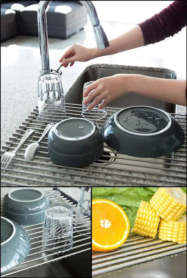 Alt view image 2 of 7 - 17.7" x 15.5" Roll Up Dish Drying Rack Over Sink Drying Rack Sink Cover Kitchen Sink Accessories Gadget Multipurpose Organizer Foldable Stainless Steel Drainer (Grey)