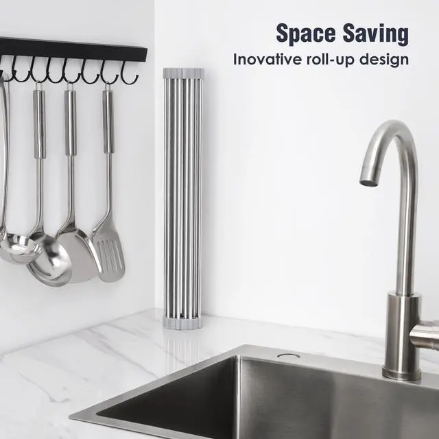 Alt view image 3 of 7 - 17.7" x 15.5" Roll Up Dish Drying Rack Over Sink Drying Rack Sink Cover Kitchen Sink Accessories Gadget Multipurpose Organizer Foldable Stainless Steel Drainer (Grey)