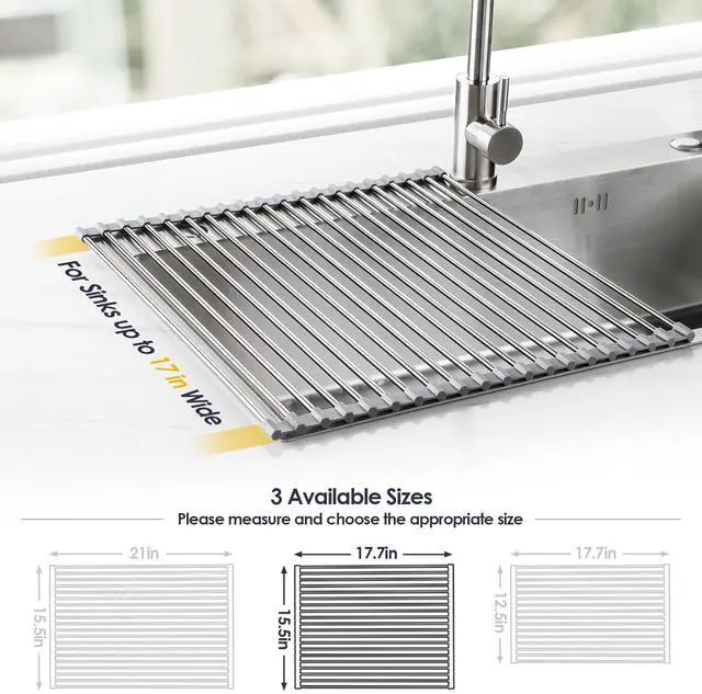 Alt view image 4 of 7 - 17.7" x 15.5" Roll Up Dish Drying Rack Over Sink Drying Rack Sink Cover Kitchen Sink Accessories Gadget Multipurpose Organizer Foldable Stainless Steel Drainer (Grey)