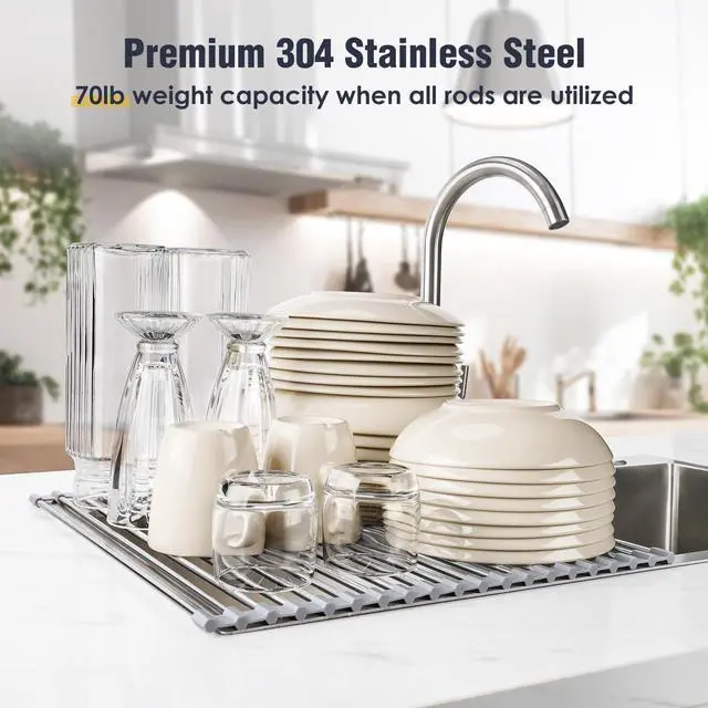 Alt view image 5 of 7 - 17.7" x 15.5" Roll Up Dish Drying Rack Over Sink Drying Rack Sink Cover Kitchen Sink Accessories Gadget Multipurpose Organizer Foldable Stainless Steel Drainer (Grey)