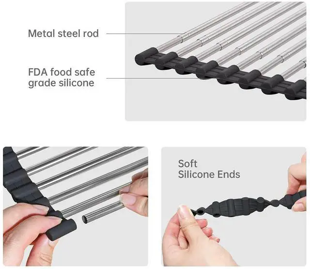 Alt view image 2 of 7 - Large Telescopic Drain Rack Roll Up Rack Heat-Resistant Dish Drainer Kitchen Sink Rack Over the Sink Dish Drying Rack Stainless Steel Dish Rack (18 Tube 21.25''x12.79'')