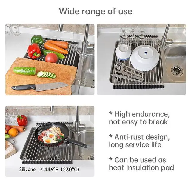 Alt view image 5 of 7 - Large Telescopic Drain Rack Roll Up Rack Heat-Resistant Dish Drainer Kitchen Sink Rack Over the Sink Dish Drying Rack Stainless Steel Dish Rack (18 Tube 21.25''x12.79'')
