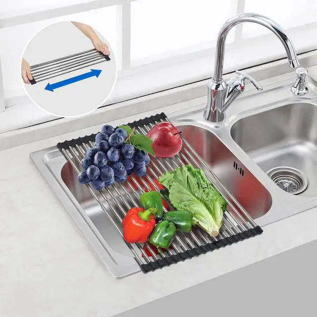 Alt view image 7 of 7 - Large Telescopic Drain Rack Roll Up Rack Heat-Resistant Dish Drainer Kitchen Sink Rack Over the Sink Dish Drying Rack Stainless Steel Dish Rack (18 Tube 21.25''x12.79'')