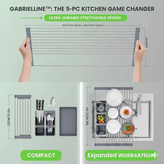 Alt view image 4 of 6 - Gabrielline Expandable Roll Up Dish Drying Rack for Kitchen Sink, 21.6 x 12.7 Stainless Steel Over Sink Drying Mat with Utensil Holder & Drip Tray, Space Saving Heavy Duty Kitchen Rack Set