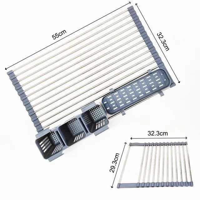 Alt view image 3 of 6 - Gabrielline Expandable Roll Up Dish Drying Rack for Kitchen Sink, 21.6 x 12.7 Stainless Steel Over Sink Drying Mat with Utensil Holder & Drip Tray, Space Saving Heavy Duty Kitchen Rack Set