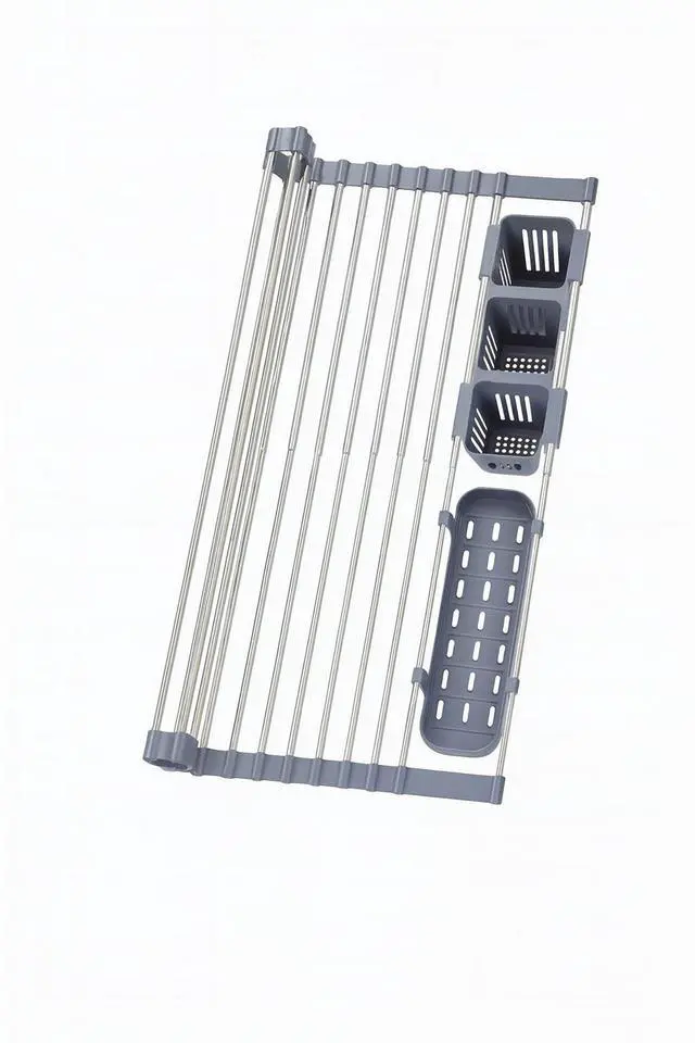 Alt view image 2 of 6 - Gabrielline Expandable Roll Up Dish Drying Rack for Kitchen Sink, 21.6 x 12.7 Stainless Steel Over Sink Drying Mat with Utensil Holder & Drip Tray, Space Saving Heavy Duty Kitchen Rack Set