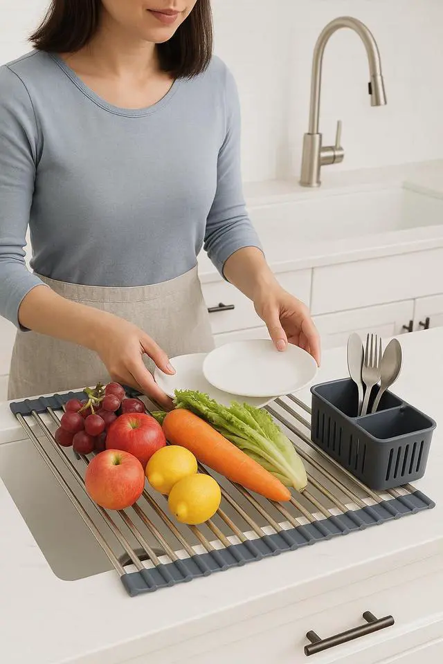 Alt view image 5 of 6 - Gabrielline Expandable Roll Up Dish Drying Rack for Kitchen Sink, 21.6 x 12.7 Stainless Steel Over Sink Drying Mat with Utensil Holder & Drip Tray, Space Saving Heavy Duty Kitchen Rack Set