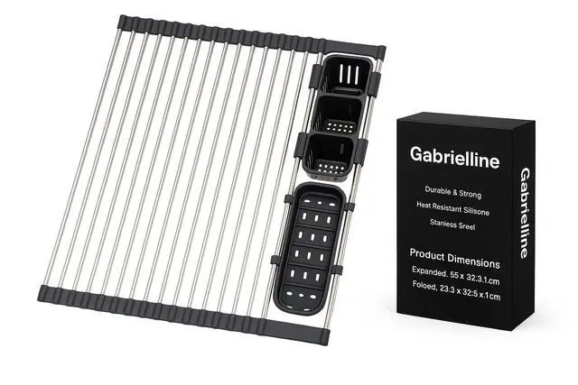 Alt view image 6 of 6 - Gabrielline Expandable Roll Up Dish Drying Rack for Kitchen Sink, 21.6 x 12.7 Stainless Steel Over Sink Drying Mat with Utensil Holder & Drip Tray, Space Saving Heavy Duty Kitchen Rack Set
